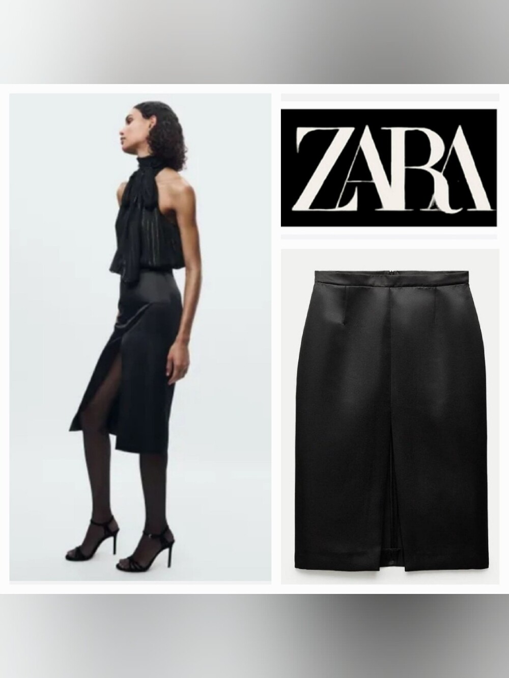 Zara Black Satin Pencil Midi Skirt High Waist Front Slit NWT Sz XS CoquetteGirl